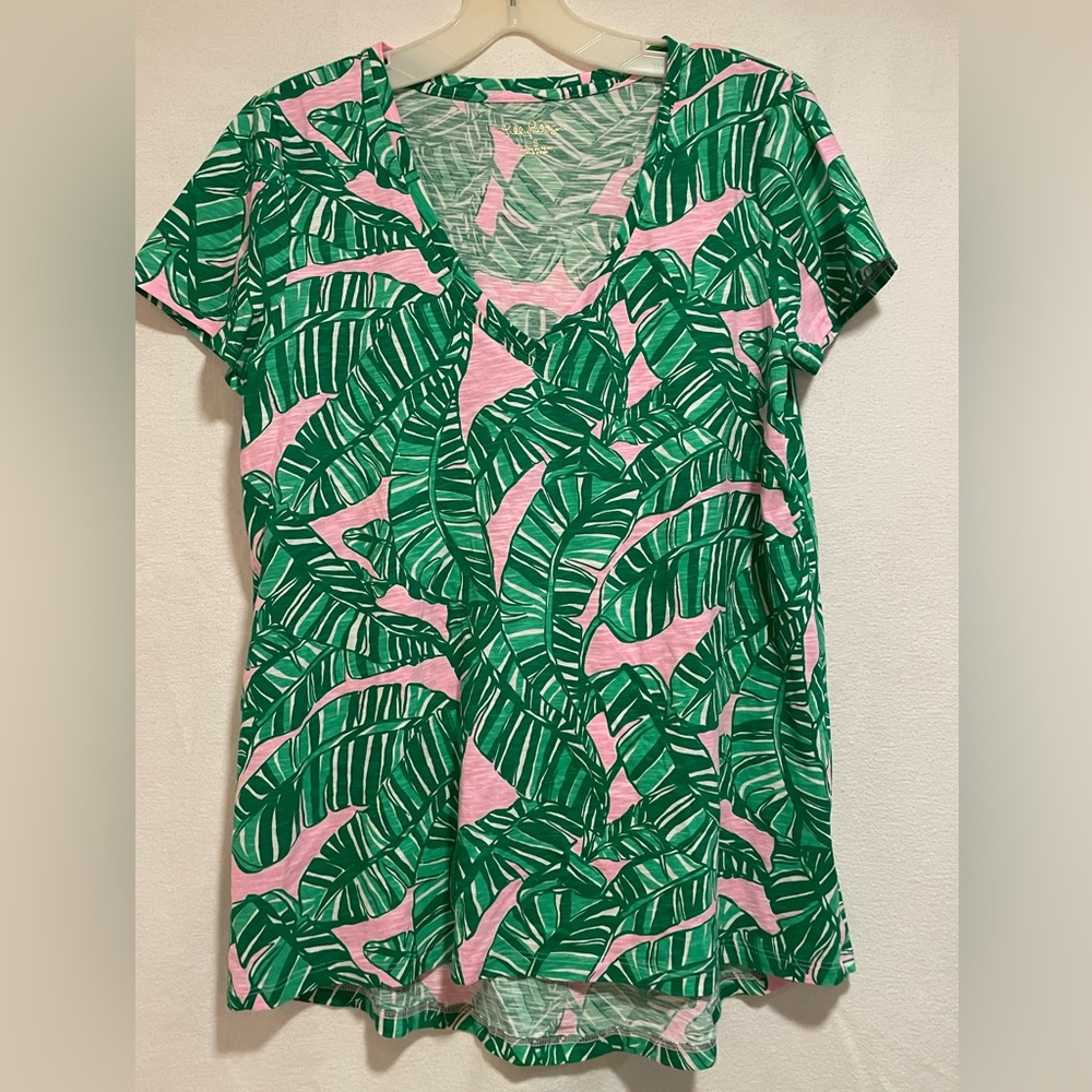 Lilly Pulitzer Pink Short-Sleeve Tee with Green Tropical Leaf Print
